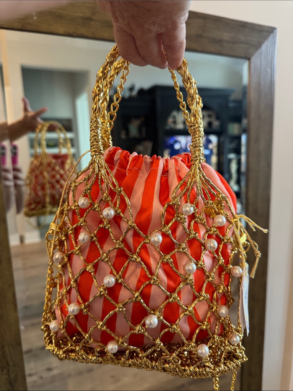 Gorgeous gold red and pink formal statement handbag from Paros Greece May 2026